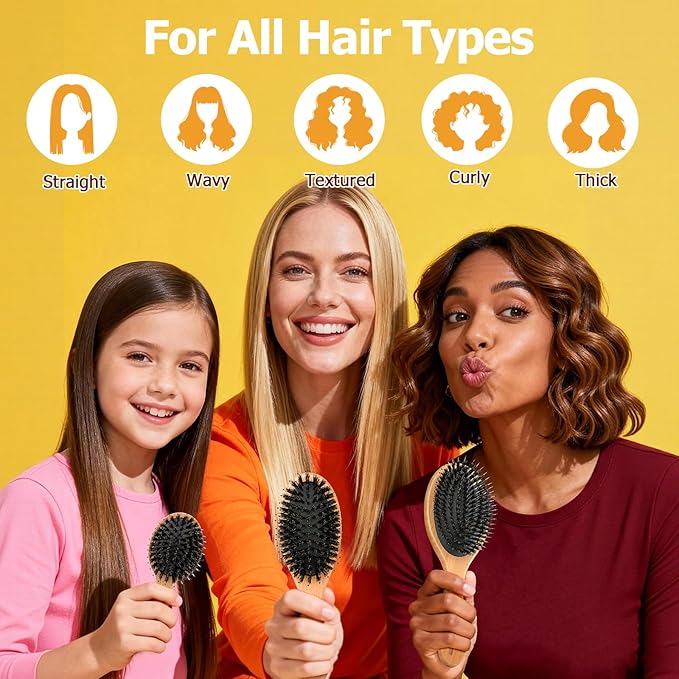 Boar Bristle Hair Brush Gift Set for Women & Men, 100% Natural Bristle & Nylon, Reduces Frizz & Static, Gentle Detangling for All Hair Types Thick Thin Curly Straight, Regular Size