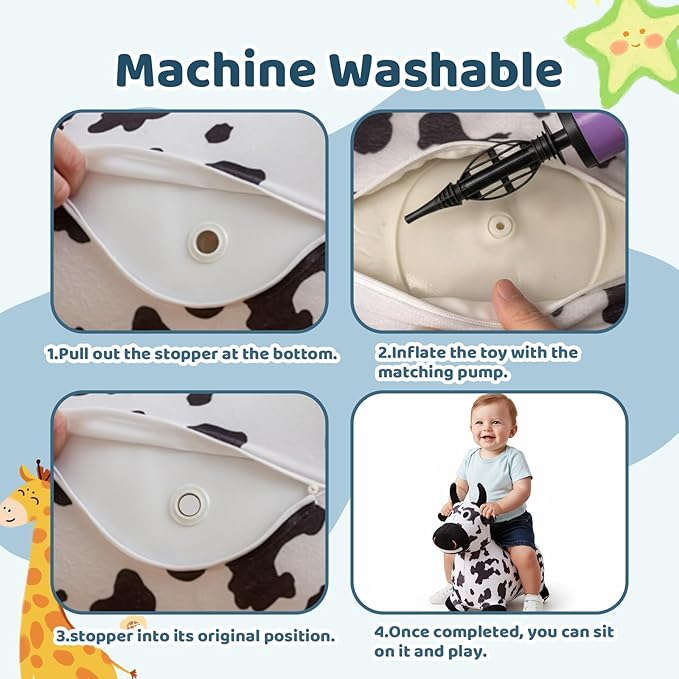 Inflatable Hopper Cow with Pump, Plush-Covered Bouncy Cow Seat for Indoor/Outdoor Use, Farm-Themed Décor and Photo Prop