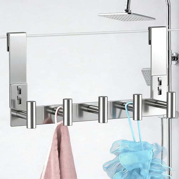 PMMASTO Shower Door Hooks, (7.5 Inch) Extended Towel Hook for Bathroom Frameless Glass Shower Doors, Stainless Steel Heavy Duty Holder for Hanging Robe,Towel (Silver 5 T-Hooks-Fits 3/8" Thick Door)