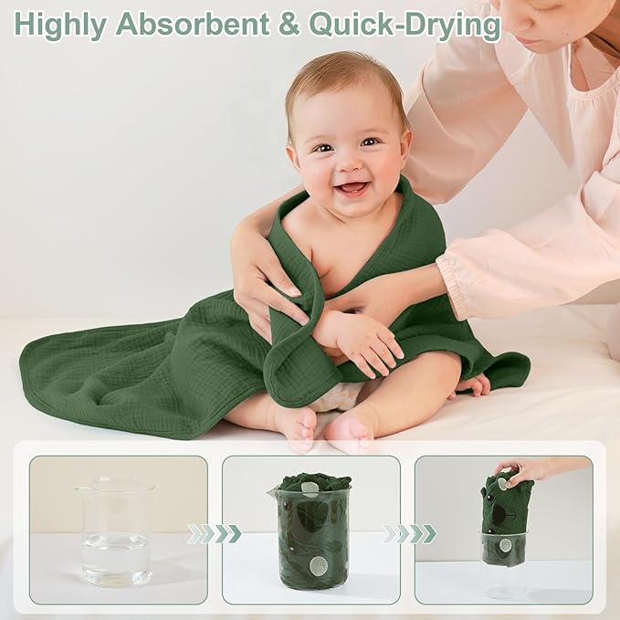 FIOBEE Hooded Baby Towels 100% Muslin Baby Bath Towels for Newborn with Animal Design Ultra-Soft and Absorbent Bath Essentials for Toddler, Unisex Girls Boys 30 x 30 inch, Green Bear