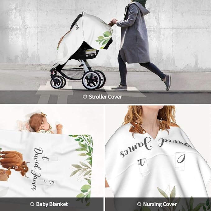 Personalized Baby Boy Car Seat Canopy for Babies, Custom Name Baby Car Seats Cover for Boys, High Land Cows Opening Minky Nursing Breastfeeding Covers for Infant, Carseat Canopies for Newborn