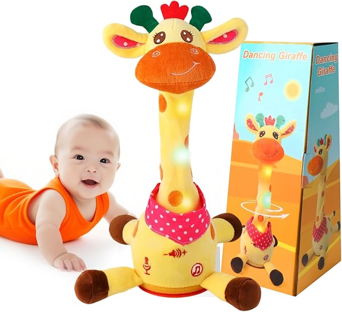 Dancing Talking Musical Giraffe Toy, Tummy Time Toy with Volume Adjustment, Singing Giraffe Stuffed Animal 10 Children's Songs Light Up Toys, Repeating What You Say, Baby Toy