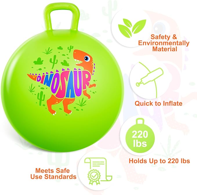 ZOOJOY Hopper Ball for Kids Aged 3-8, 18In Bouncy Balls with Handle, Green Dinosaur Hoppity Hop Ball with Pump, Indoor Outdoor Inflatable Jumping Hopping Toys for Boys Girls Girls