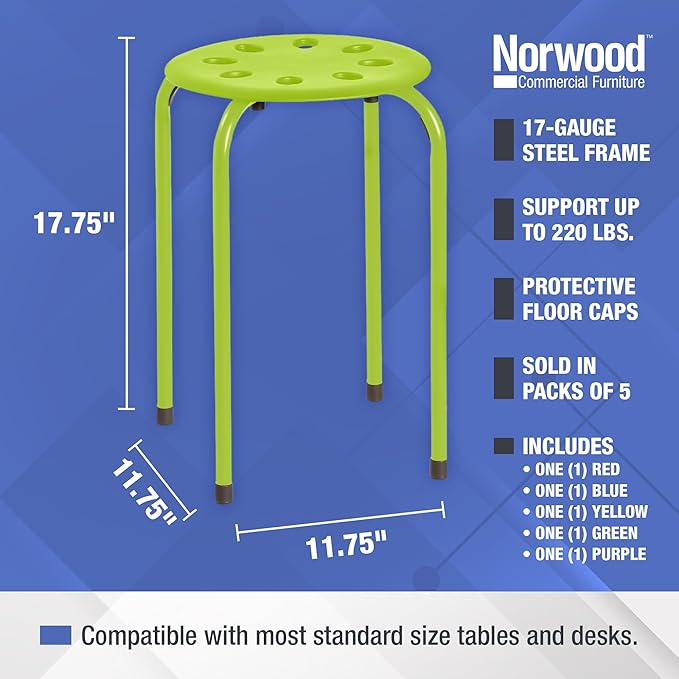 Norwood Commercial Furniture Stacking Stools for Kids and Adults, 17.75" Standard Height Portable Nesting Office and Classroom Stools, Assorted Color, Pack of 5