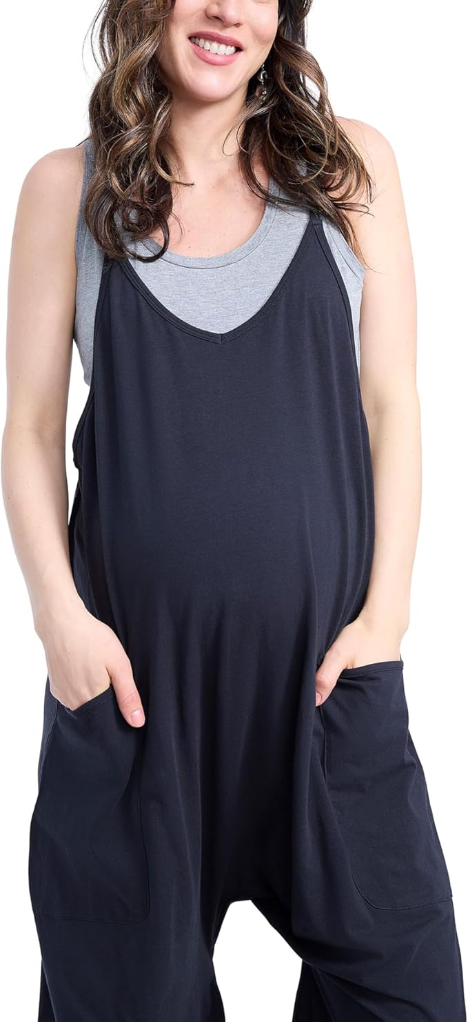Motherhood Maternity womens Casual Baggy Sleeveless V-neck Pregnancy Romper Jumpsuit With Loose Spaghetti Straps and Pockets