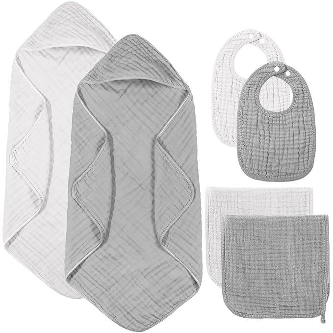 6 Pcs Muslin Hooded Bath Towels Washcloths and Bibs Set, Muslin Cotton Baby Towels Absorbent Hooded Blanket Towel Infant Bibs for Boys Girls Newborn Infant Essential(White, Light Gray)