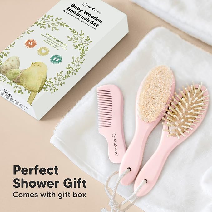 Baby Hair Brush Set for Newborns - Soft Goat Bristle Wooden Baby Brush and Comb Set Newborn Grooming Kit for Cradle Cap, Durable & Gentle, Boy, Girl Infant Essentials Care Kit (Oval, Blush)