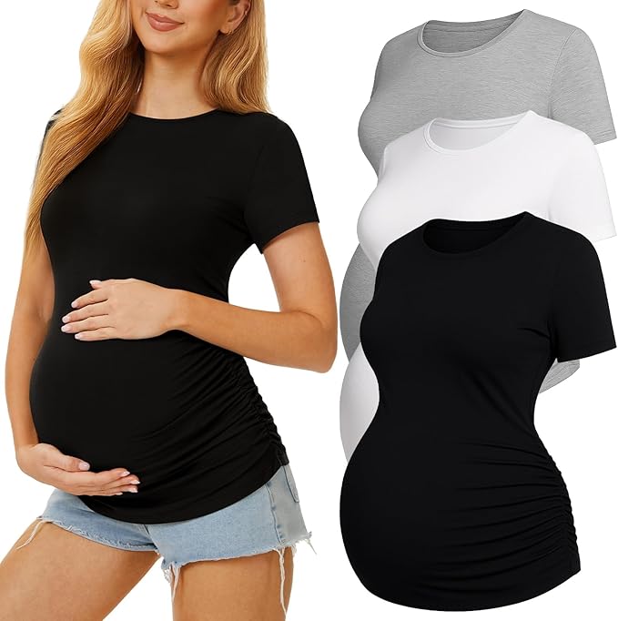 3 Pack Womens Maternity Shirts - Crew Neck Maternity Top Short Sleeve Pregnancy Tee Shirts