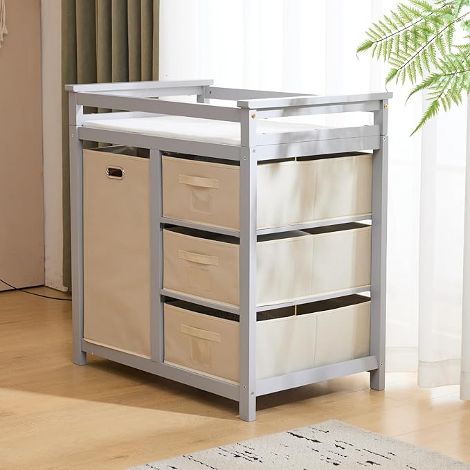 Karl home Modern Baby Changing Table,Dresser Baby Diaper Changing Station with Laundry Hamper,Infant Nursing Table with 3 Storage Drawers,Removable Safety Rail & Strap for Bedroom,Nursery,LightGrey