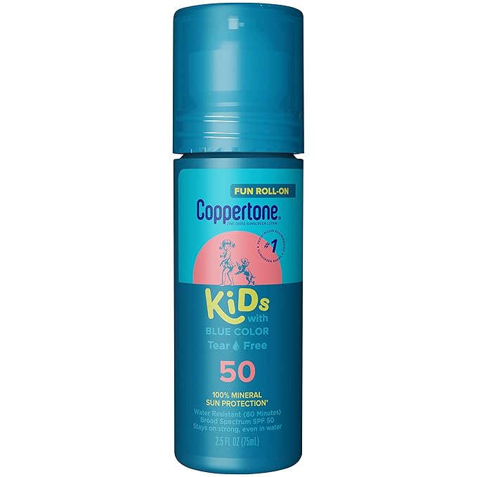 Coppertone Kids Roll On Sunscreen Lotion SPF 50, Tear Free Kids Sunscreen with Blue Color and Zinc Oxide Sun Protection, 2.5 Fl Oz Tube
