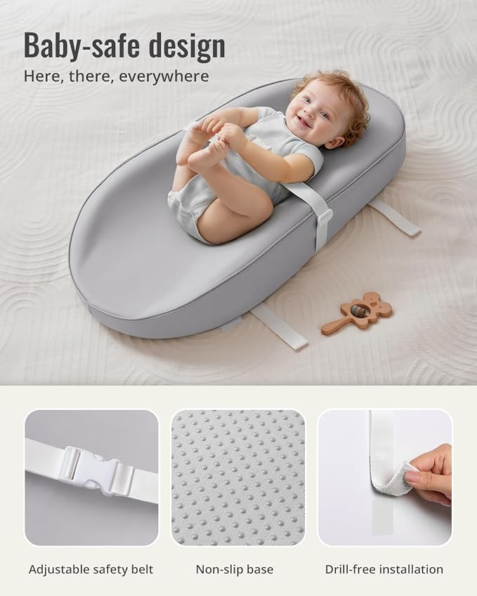 Blissful Diary Vegan Leather Baby Changing Pad with Waterproof & Wipe-Clean PU Cover, Avocado Size Cozy Diaper Changing Pad for Dresser and Table, Light Gray