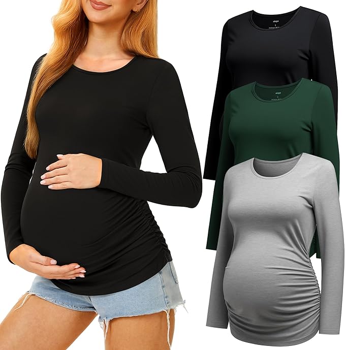 3 Pack Maternity Shirts Long Sleeve Pregnancy Top for Women with Crew Neck Casual Tee Shirts