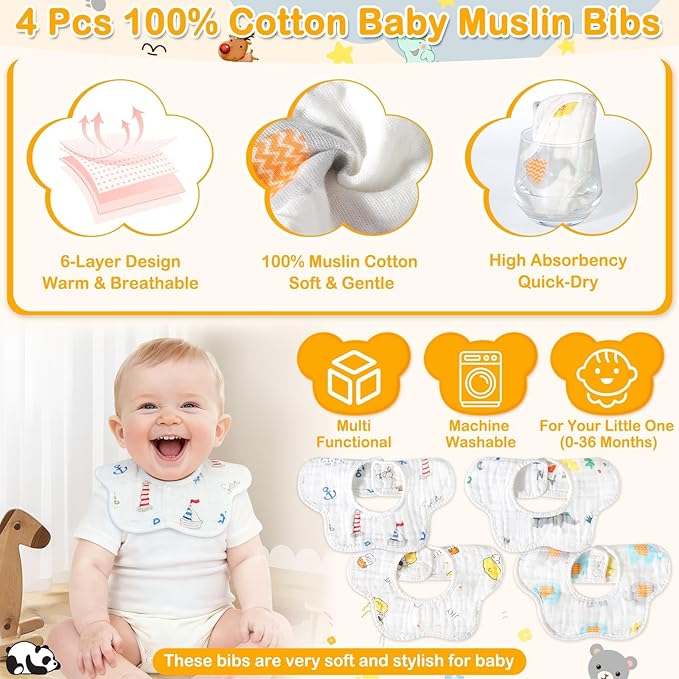 16 Pcs Baby Towels Set for Infants Toddlers, 4 Pcs Hooded Bath Towels, 4 Pcs Baby Bibs & 8 Pcs Washcloths Set, Absorbent Soft Newborn Gift for Boys & Girls-Elephants, Pandas, Bears & Moose