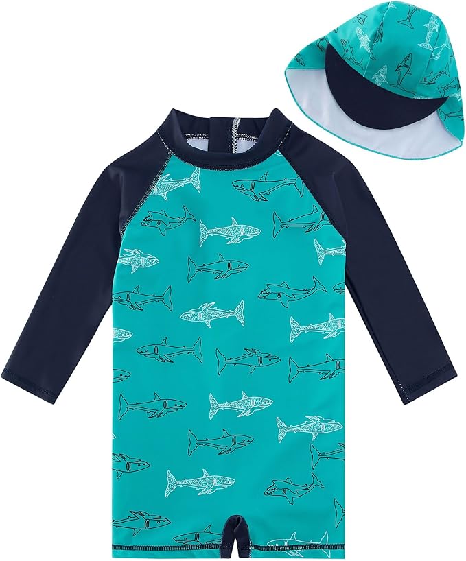 ADUKIDE Baby Boys Swimsuit Summer Beach Rash Guard Swimwear One Piece Sunsuit with Sun Hat 3-24 Months