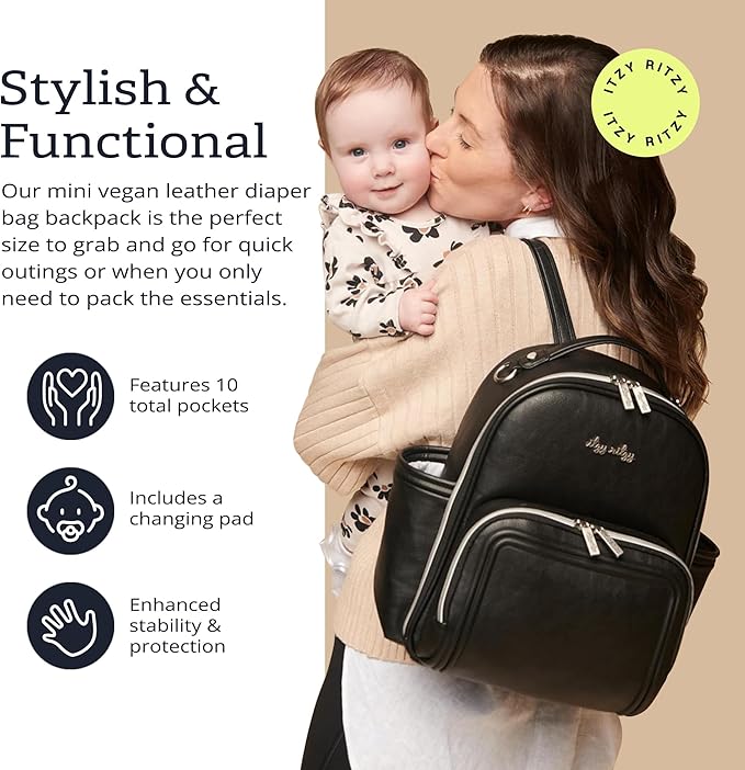 Itzy Ritzy Mini Diaper Bag Backpack – Chic, Compact Mini Plus Backpack with Changing Pad, 10 Pockets (6 Internal, 4 External), Grab-Top Handle & Rubber Feet (Black w/Silver Hardware)