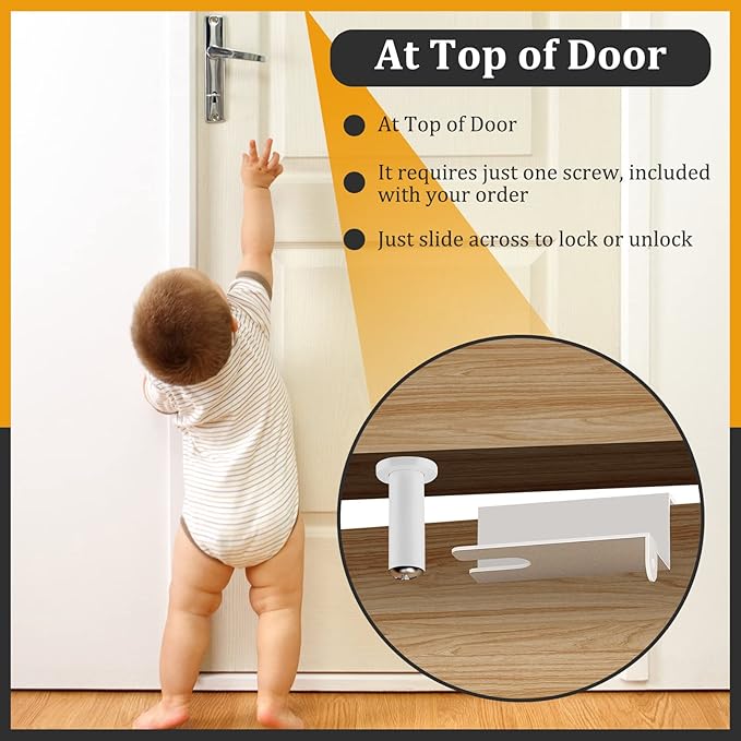 Child Safety Door Top Lock, TAMIDN Top Door Locks for Kids Safety Made of Durable Metal, Adjustable Child Locks for Door, Door lock kid proof for Childproofing Interior-Exterior Doors