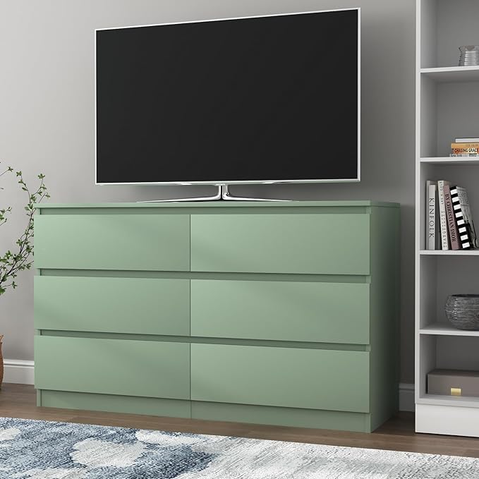 Green Dresser for Bedroom, Modern Large 6 Drawer Dresser with Deep Drawer,Wide Storage Chest of Drawers,TV Stand for Living Room