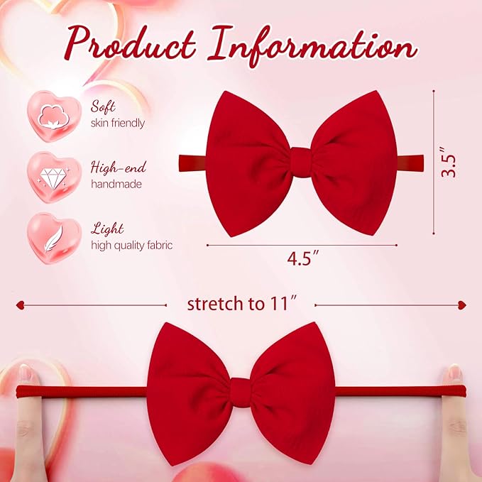 YanJie Baby Hair Bows for Girls Red Pink Newborn Headband Baby Pink Girls Bows Soft Nylon Hair Accessories Infant Toddler 3pcs/pack