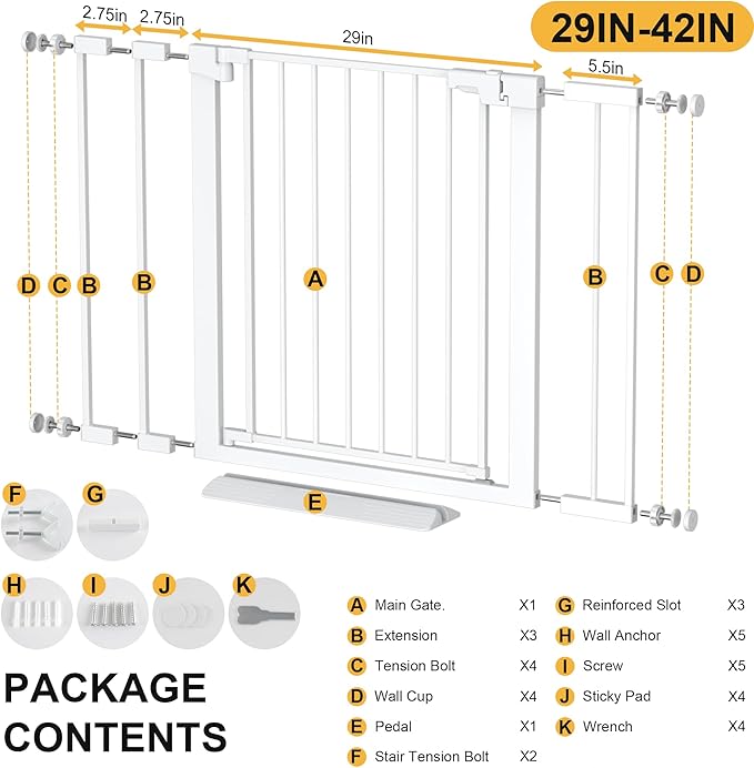 29-42 inches Metal Baby Gate for Stairs/Doorways, 30 inches Tall Pressure Mounted Pet Gates, Auto-Close Child Safety Gate, No Drilling Easy Walk-Through Dog Gate Indoor, White