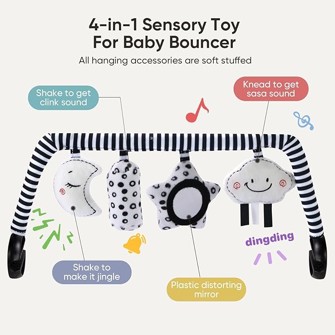 Baby Bouncer Toy Bar Soft with 4 Hanging Sensory Toys Attachment, Compatible with Baby Bjorn Bouncer, with Mirror, Rattle, Crinkle Sound for Babies All Ages (Black and White Shapes)