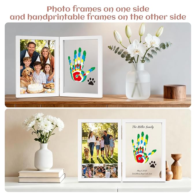 Family Handprint Kit, DIY Baby Hand and Footprint Handmade Keepsake Wooden Frame, Family Gifts with 6 Non-Toxic Baby-Safe Paint, Ideas Gift for New Parents, Grandparents, Father's Day, Mother's Day