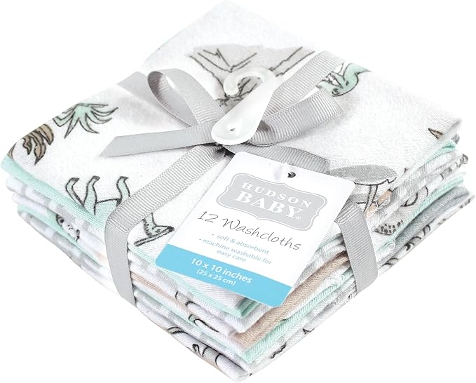 Hudson Baby Unisex Baby Flannel Cotton Washcloths 12-Pack, Neutral Dino World, One Size