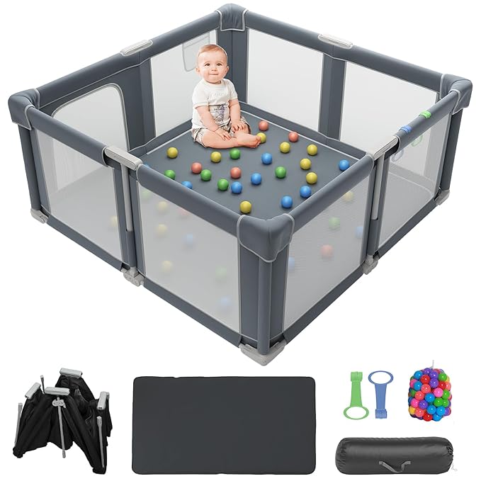 Foldable Playpen for Babies and Toddlers, 51" Portable Play Pen with Mat and Ocean Balls, Play Yard with with Visible Mesh for Inddor and Outdoor, No Assembly Required, Black