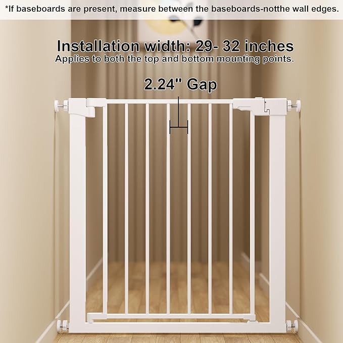 29-32 inches Metal Baby Gate for Stairs/Doorways, 30 inches Tall Pressure Mounted Pet Gates, Auto-Close Child Safety Gate, No Drilling Easy Walk-Through Dog Gate Indoor, White