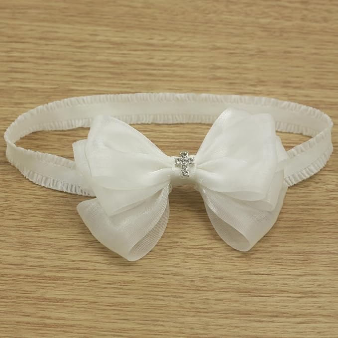 Off White Baptism Christening Pearlescent Organza Bow with Cross for Baby Girls (0-6 months,Off White headband-8)