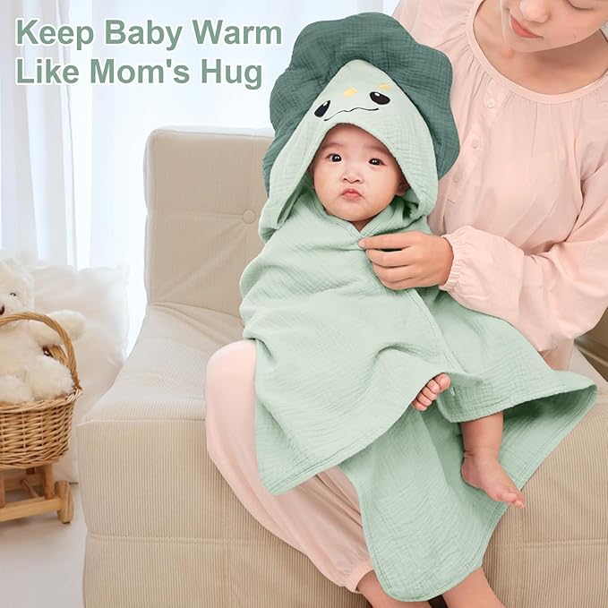 FIOBEE Hooded Baby Towels 100% Muslin Baby Bath Towels for Newborn with Animal Design Ultra-Soft and Absorbent Bath Essentials for Toddler, Unisex Girls Boys 30 x 30 inch, Green Dinosaur