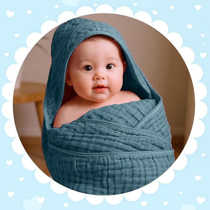 Peryiter 4 Pcs Muslin Hooded Baby Towels 32x32inch Cotton Newborn Bath Essentials Muslin Infant Blankets Absorbent Registry Baby Shower Present for Babies Girl Boy Kids (Green Series)