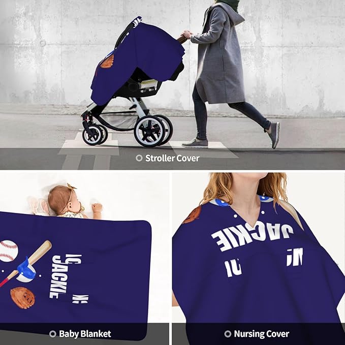 Personalized Baby Boy Car Seat Canopy for Babies, Custom Name Baby Car Seats Cover for Boys, Baseball Opening Minky Nursing Breastfeeding Covers for Infant, Carseat Canopies for Newborn