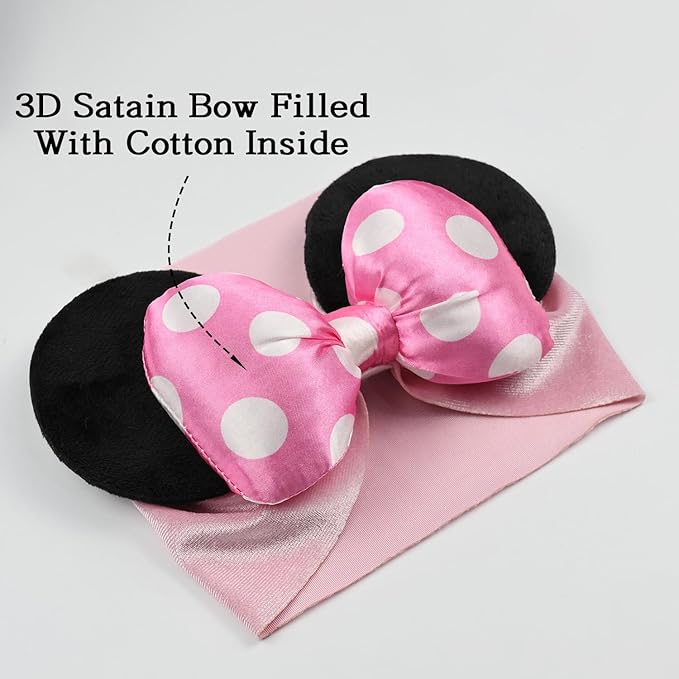 JIAHANG 3D Baby Girl Mouse Ears Turban Headwrap with Satin Polka Dot Bow, Wide Velvet Hairband, Hair Bow Headband for Infant Toddlers
