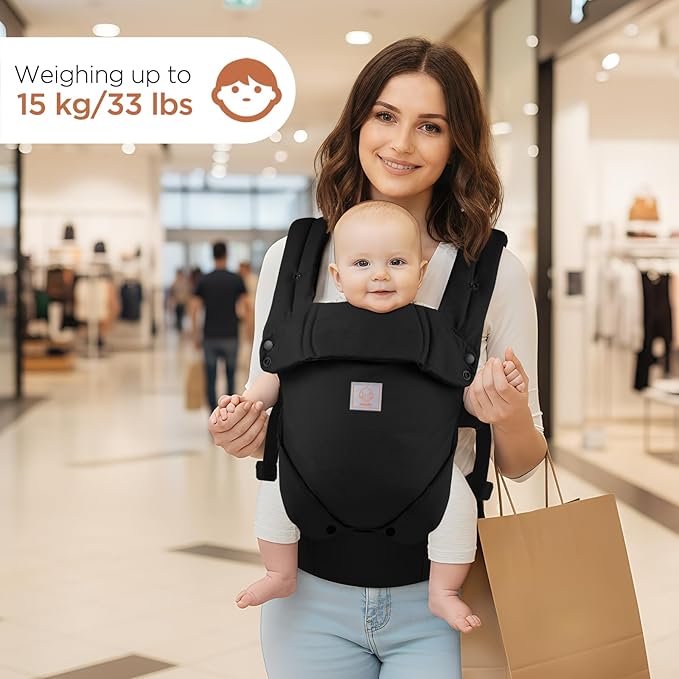 GAGAKU Baby Carier, Lightweight Ergonomic Toddler Carrier for 7-33lbs, Soft Breathable 4-in-1 Carrier with Head Support, Easy to Wear, Hands-Free Comfort, Black