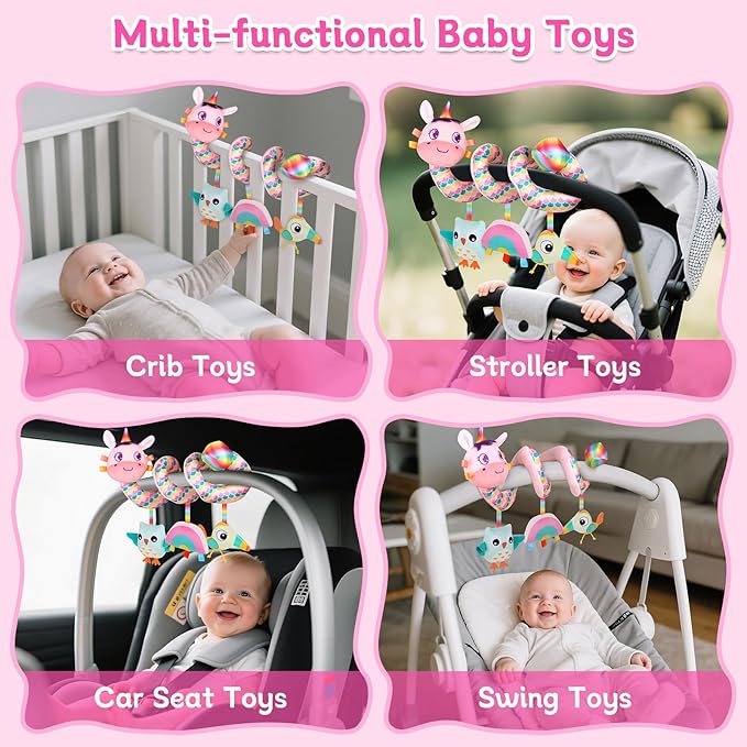 Car Seat Toys for Infants 0-6 months, Spiral Hanging Crib Stroller Activity Toys with Rattles, Baby Car Seat Accessories Toy for Developing Sensory & Motor Skills, Ideal Gift for Newborn Infant