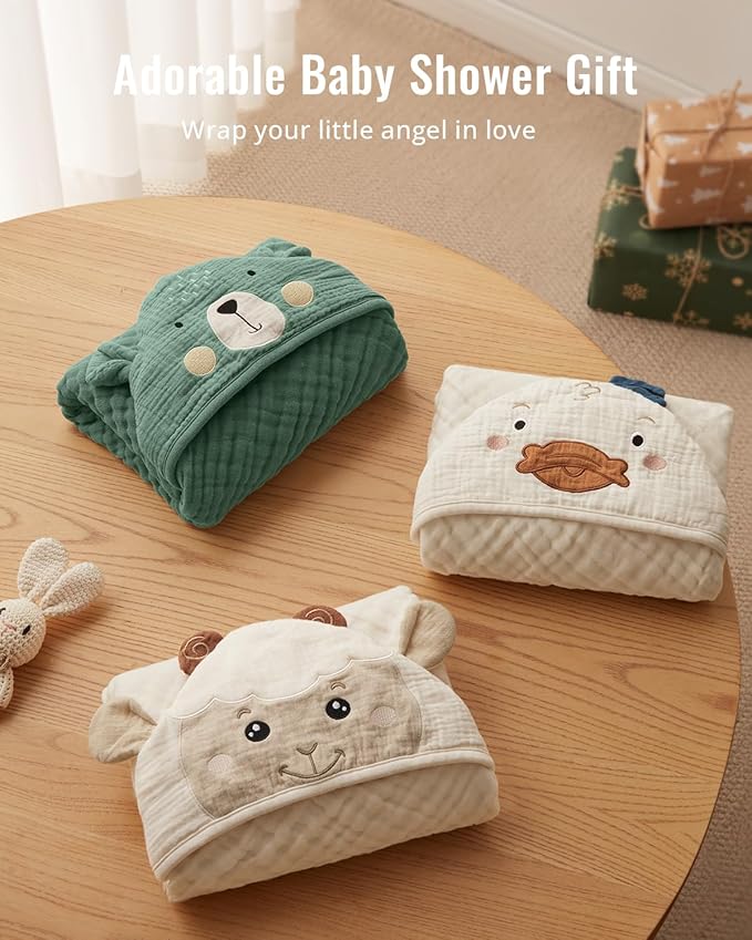 Blissful Diary Muslin Baby Hooded Towel 1 Pack, Soft & Absorbent Bath Towel for Infant, Toddler, Unisex, Baby Gift, Newborn Essentials, Dapper Duck