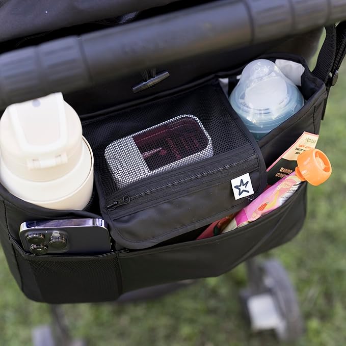 Tiny Twinkle Universal Stroller Organizer with Adjustable Strap - Waterproof Stroller Caddy Fits Baby Jogger, Nuna, Graco, Donna and Bugaboo Strollers（Black）