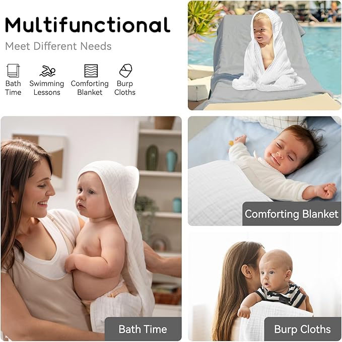 Baby Hooded Towels for Babies and Toddlers, Muslin Baby Bath Towel Soft and Absorbency for Boys and Girls (Pure White 1 Pack)