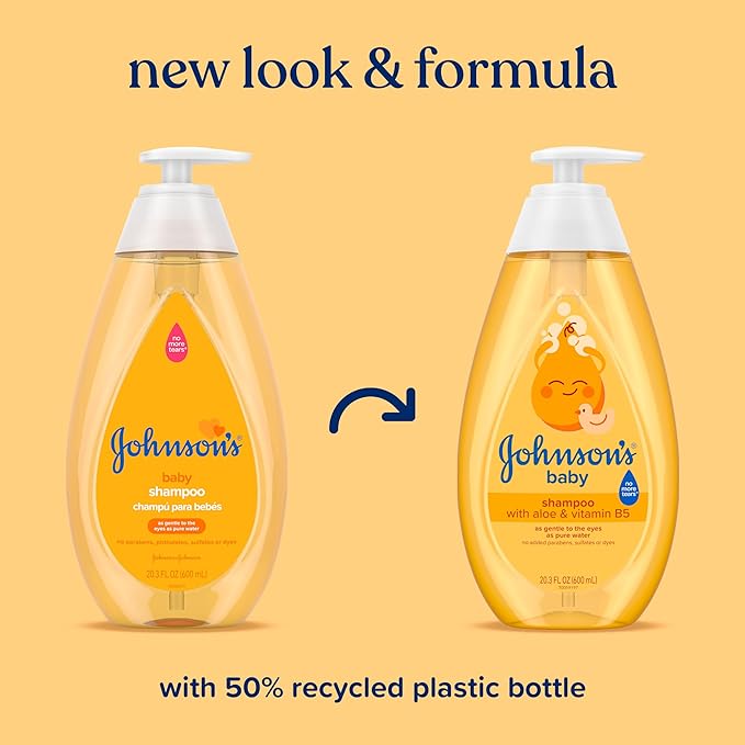 Johnson's Baby Shampoo with Aloe Vera & Vitamin B5, Tear Free, Newborn Essentials, No added Parabens & Sulfates, Hypoallergenic, 20.3 fl. oz