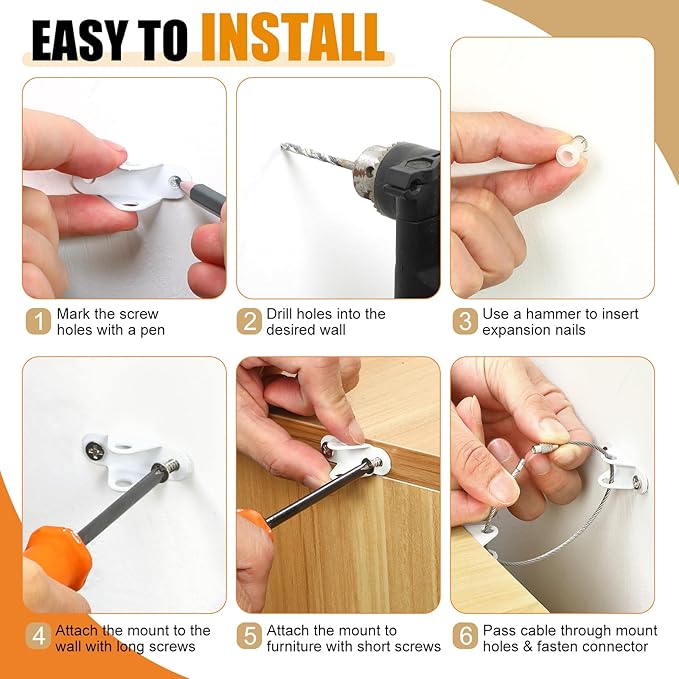 6-Pack Furniture Anchors for Baby Proofing, Anti Tip Straps Safety Kit to Prevent Dresser, Bookshelf, Cabinet from Tipping Over for Child & Pet Safety