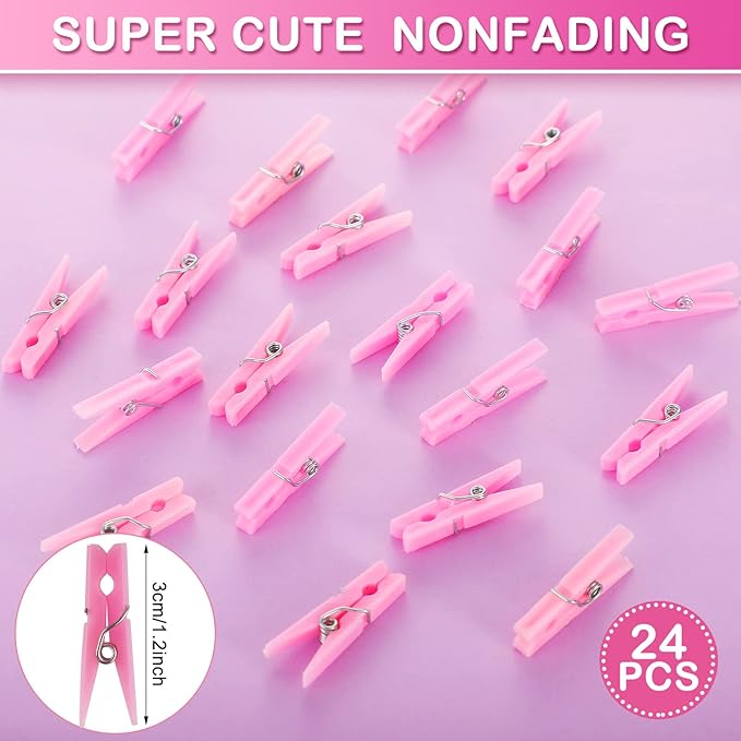 Tondiamo 48 Pieces Baby Pacifiers Party Favors with 24 Plastic Pacifiers and 24 Mini Clothes Pins Transparent Baby Showers Pacifiers Necklace Baby Girl Boy Pacifier Necklace for Party Favor(Pink)
