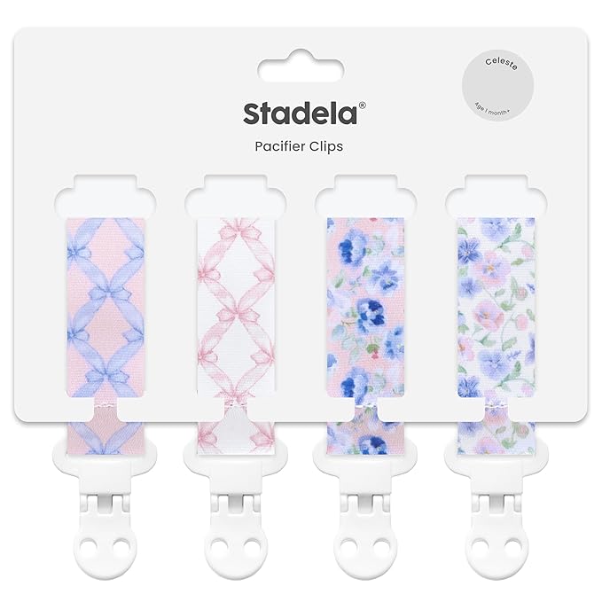 Stadela Baby Pacifier Clip Holder - Girl 4 Pack Gift Set – Vintage Floral French Granmillenial Ribbons Bows and Flowers in Pink and Blue