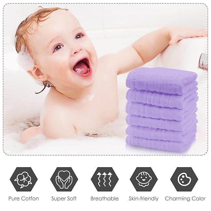 Cute Castle 12 Pack Muslin Baby Washcloths - Large 12'' by 12'' - Ultra Soft 100% Cotton - Super Absorbent Burp Cloths for Unisex, Boy, Girl -Purple