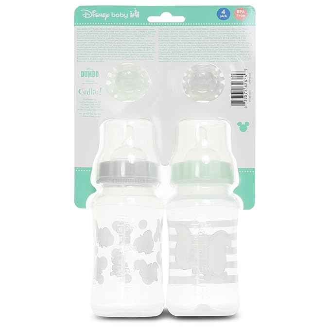 Disney Baby Bottles and Pacifiers Set – 2 Hourglass-Shaped 11oz Bottles + 2 Orthodontic Pacifiers – Officially Licensed Mickey, Minnie, Pooh & Dumbo Designs – BPA-Free Feeding Gift Set (Pack of 2)
