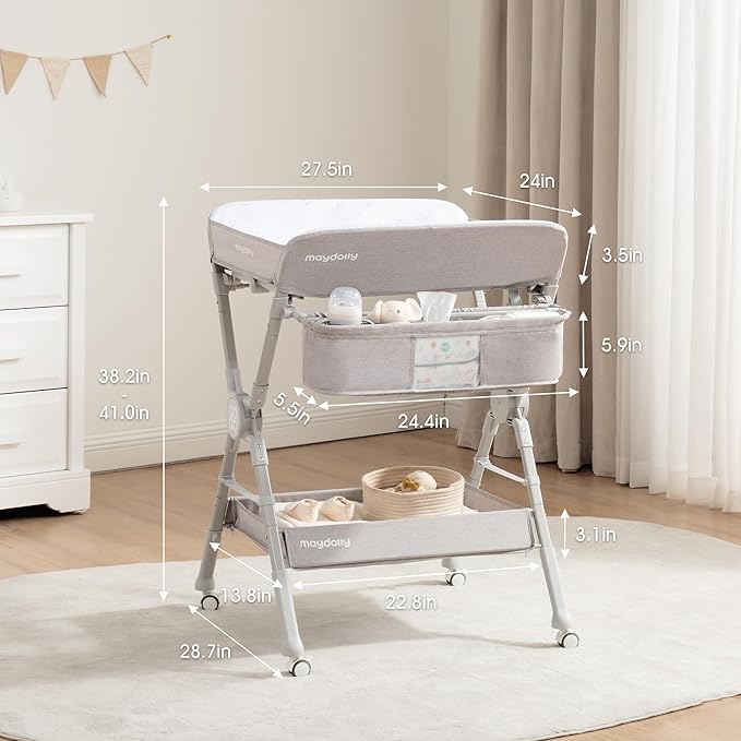 Maydolly Changing Table，Portable Diaper Changing Station, Foldable Baby Changing Table,Compact Nursery Diaper Changing Table for Baby，Adjustable Height，Mobile on Wheels (Grey)