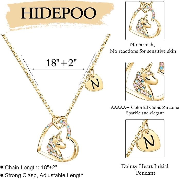 Hidepoo Valentines Gifts for Kids Girls - Unicorn Necklace Gifts for Teen Girls Kid, Colorful CZ Heart Pendant Initial Unicorn Necklaces for Girl Jewelry Birthday Gift for Girl Kid