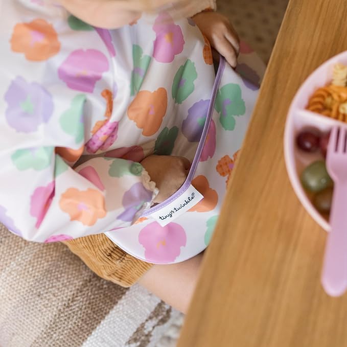 Tiny Twinkle Long Sleeve Bib for Babies & Toddlers | Waterproof Smock Bib for Eating | Machine Washable & Mess-Proof Feeding Essentials | Newborn Shower Gift (Floral Pop, 6–24M)