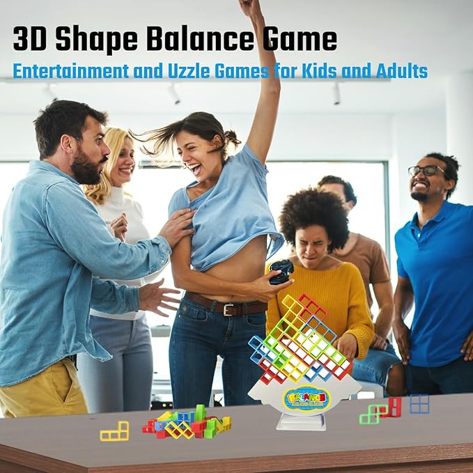 64 Pcs Stacking Tower Game with 22 Cards, Giant Tumble Balance Game for Kids, Family Games for Kids and Adults, Ideal Gifts for Teen Boys & Girls, Party Board Game for Kids 6-12 & Adults