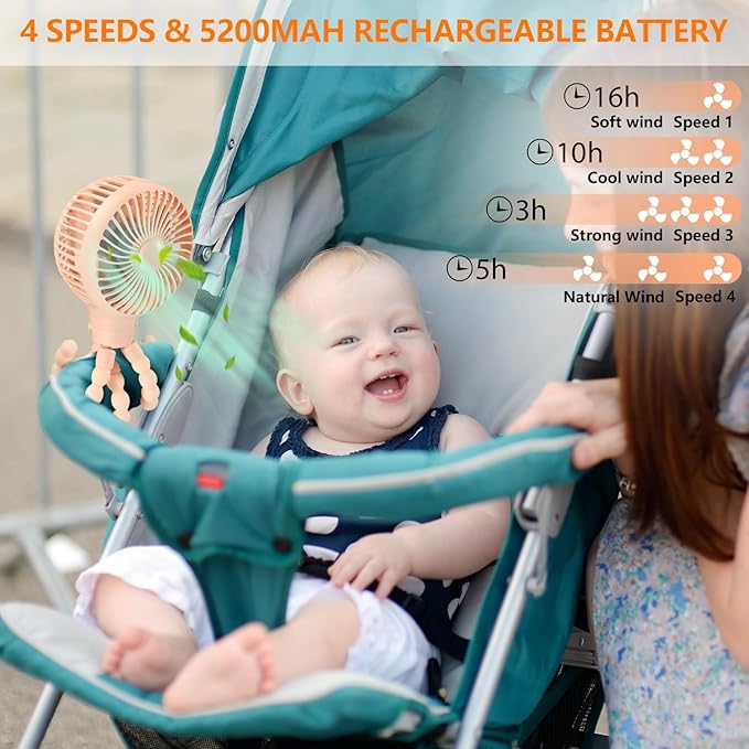 snawowo Mini Portable Baby stroller Fan, Auto Oscillating Battery Operated Personal Small Handheld Fan with Flexible Tripod, Rechargeable Clip On for Car Seat Crib Treadmill Travel Camping Pink