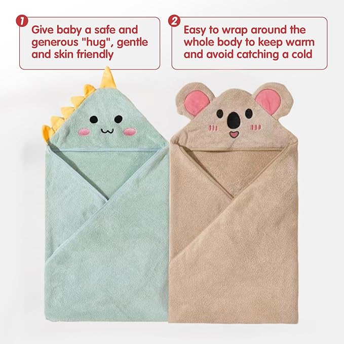 2 Pack Premium Soft Baby Bath Towels with Hood - Green Dinosaur + Brown Koala - Ultra Absorbent, Baby Stuff Shower for Boys and Girls
